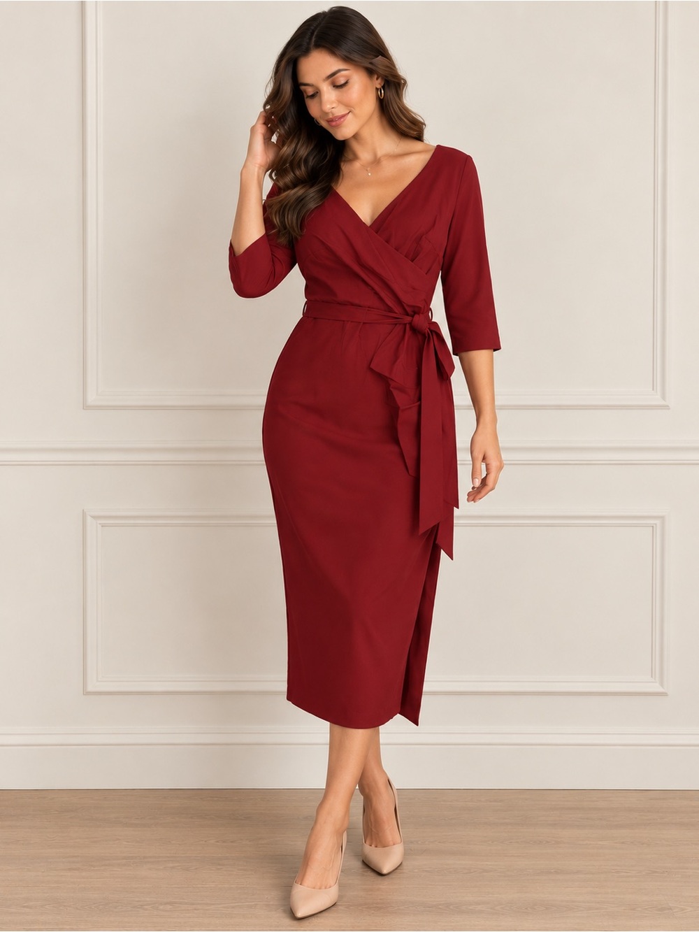 NWT MUXXN Rust Red Wrap Midi Dress Tie Waist Pleated V Neck Bodycon L